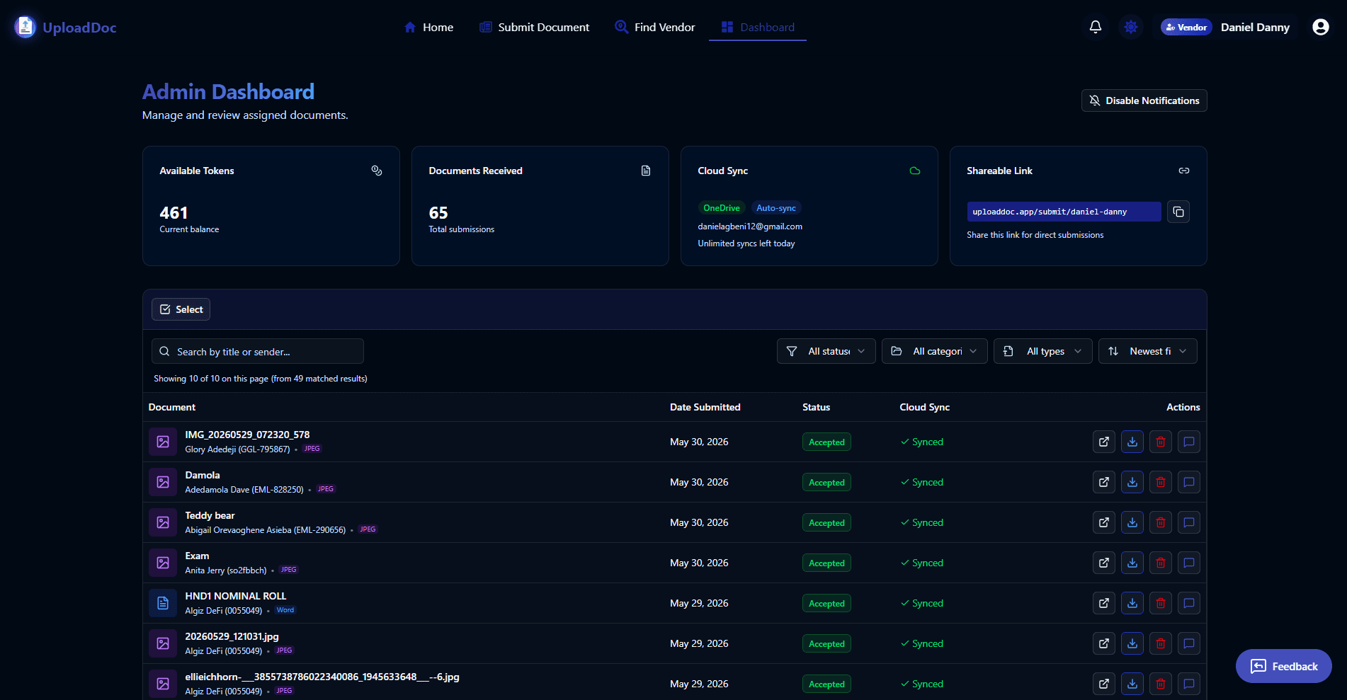 UploadDoc Dashboard Interface