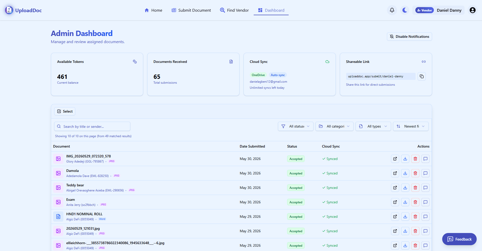 UploadDoc Dashboard Interface
