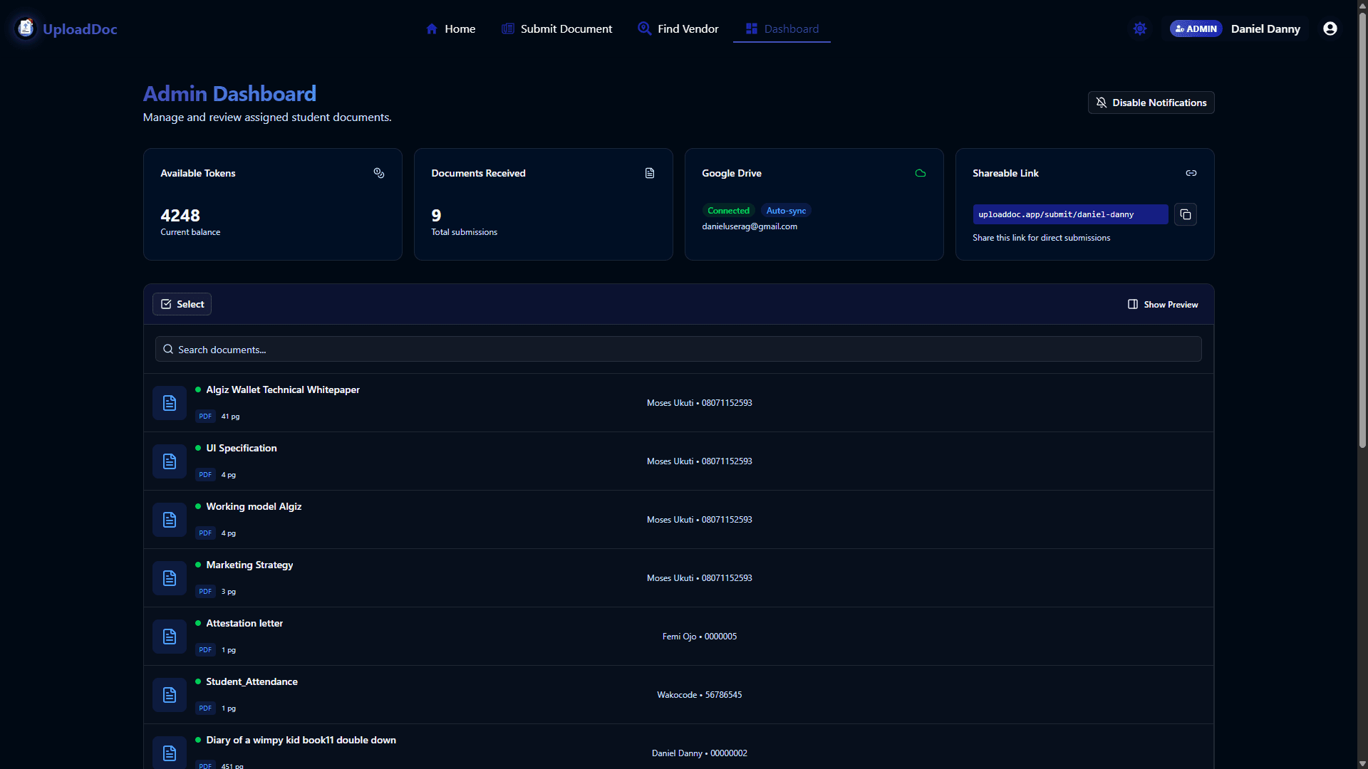 UploadDoc Dashboard Interface