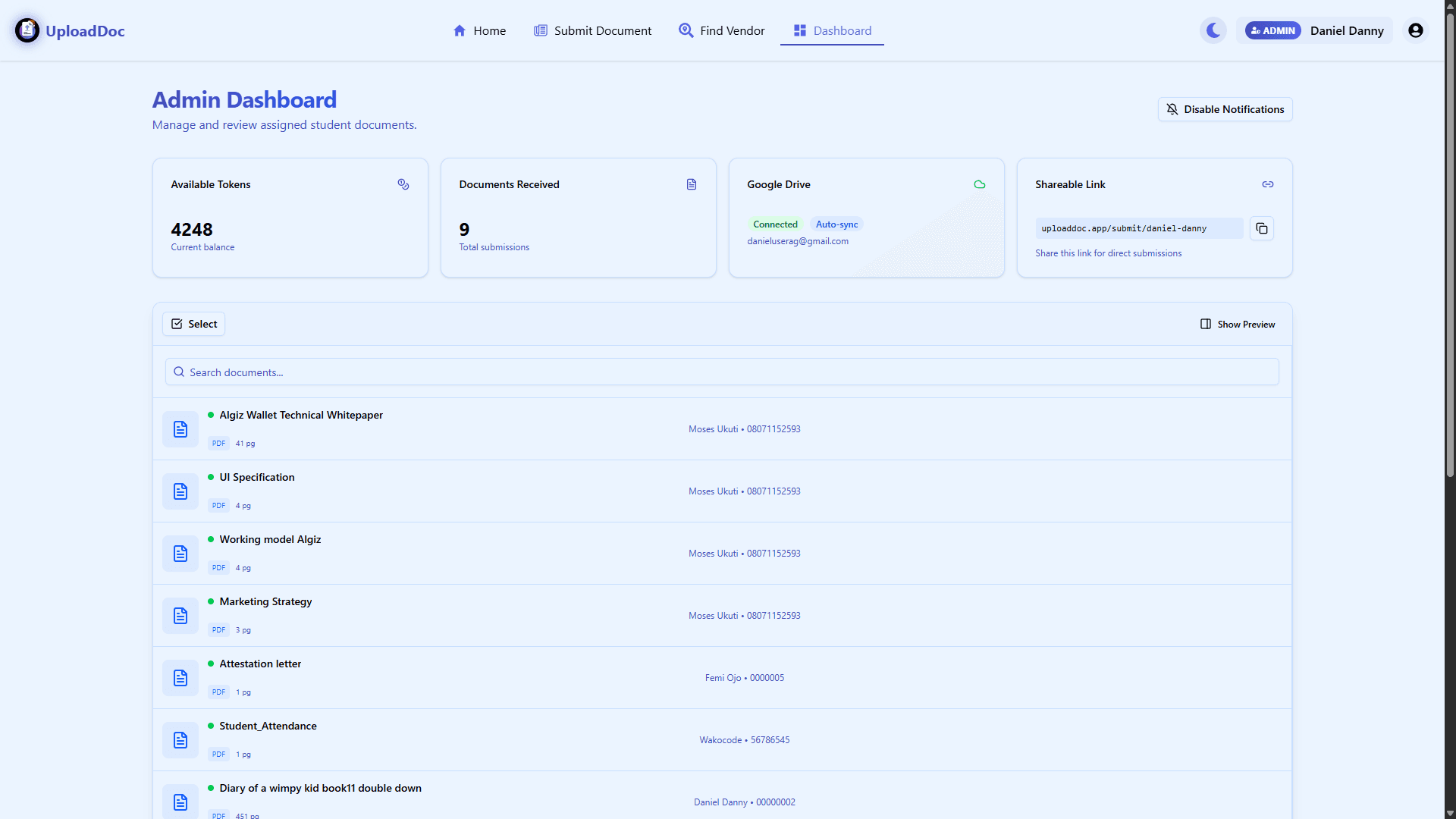 UploadDoc Dashboard Interface